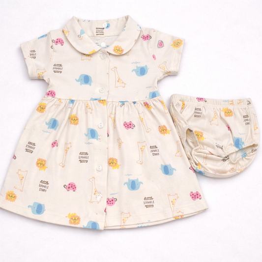 Cucumber Baby Girl Cotton Frock Set Jungle Story Print Dress with Bloomers - Cutypi
