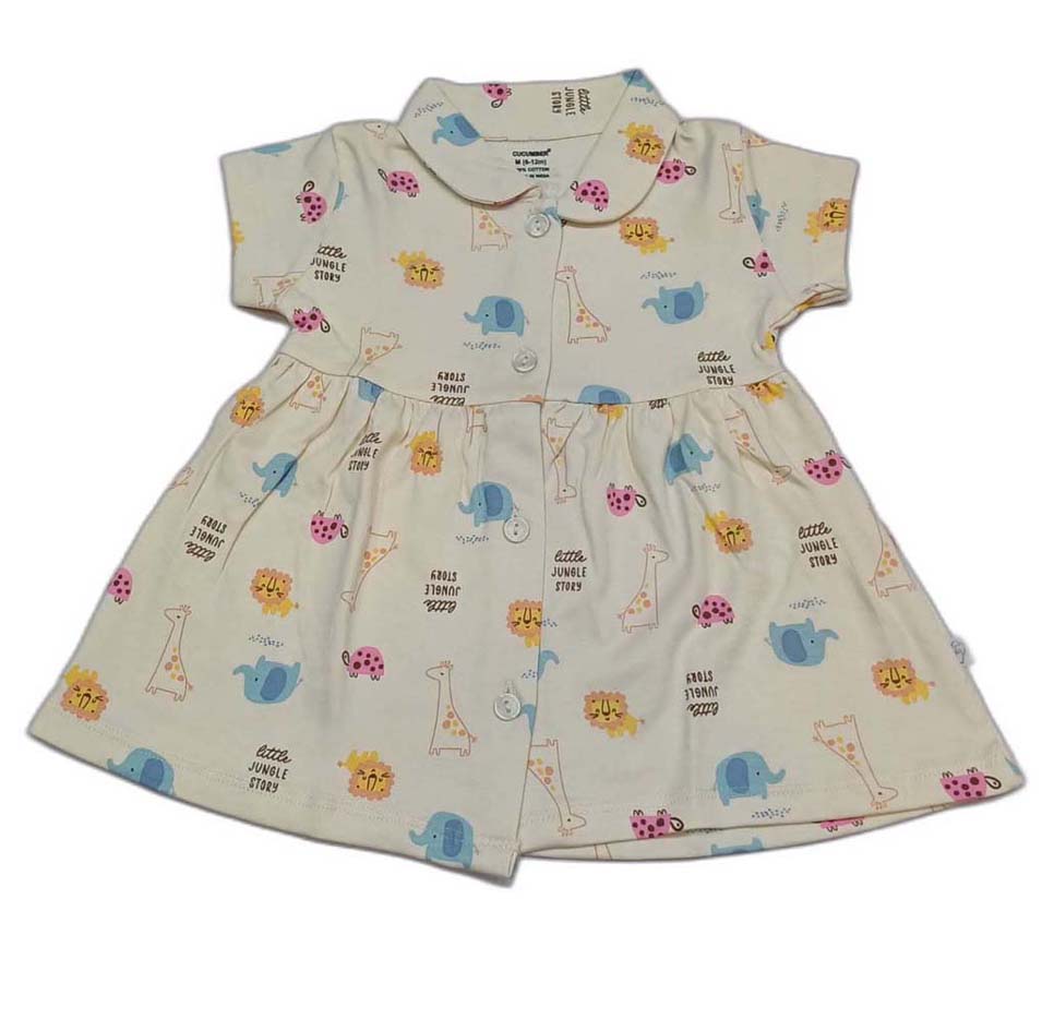 CUCUMBER Interlock Knit Half Sleeves Front Open Frock with panty- Light Cream