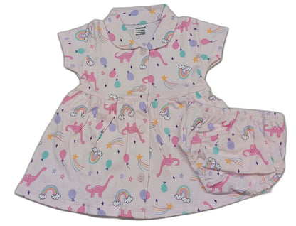 CUCUMBER Interlock Knit Half Sleeves Front Open Frock with panty- Pink