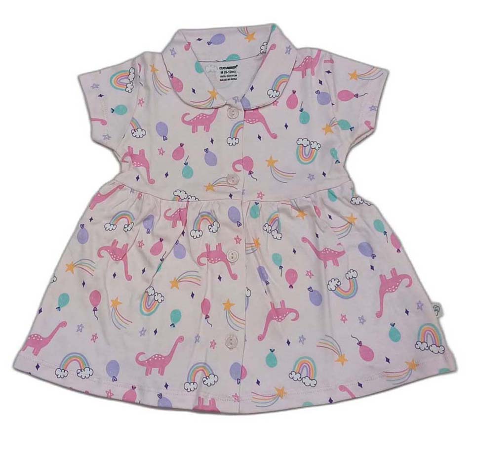 CUCUMBER Interlock Knit Half Sleeves Front Open Frock with panty- Pink