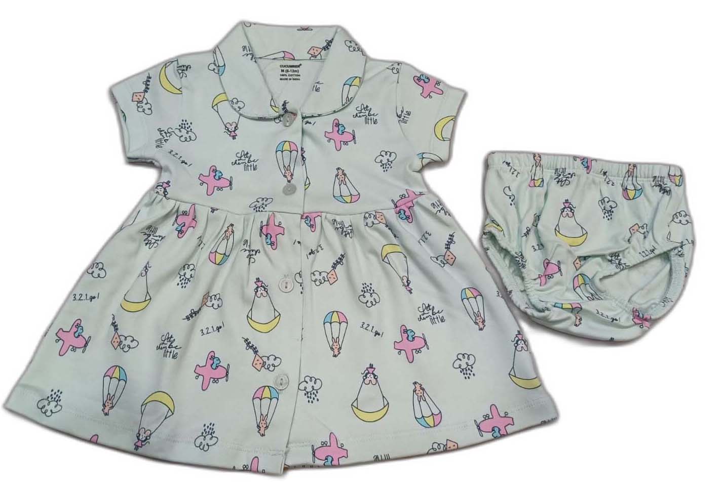 CUCUMBER Interlock Knit Half Sleeves Front Open Frock with panty- skyblue