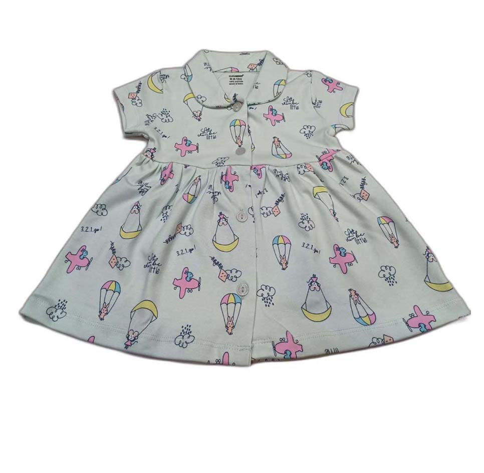 CUCUMBER Interlock Knit Half Sleeves Front Open Frock with panty- skyblue