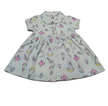 CUCUMBER Interlock Knit Half Sleeves Front Open Frock with panty- skyblue