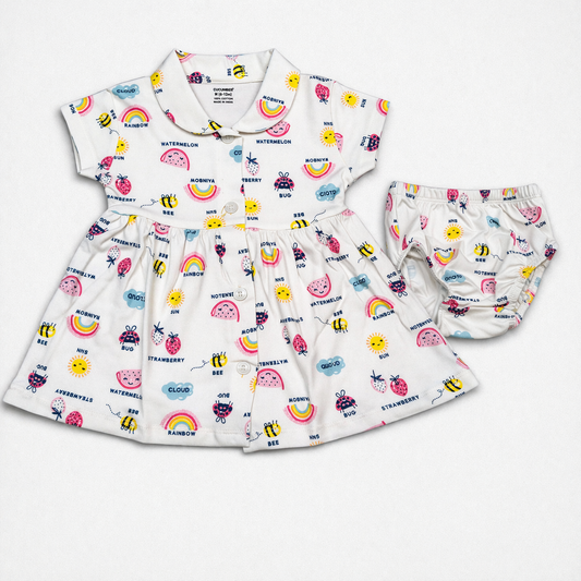 Cucumber Baby Girl Cotton Frock Set white summer fruit Print Dress with Bloomers - Cutypi