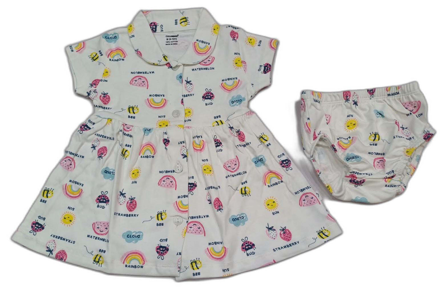 CUCUMBER Interlock Knit Half Sleeves Front Open Frock with panty- white