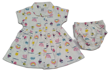 CUCUMBER Interlock Knit Half Sleeves Front Open Frock with panty- white