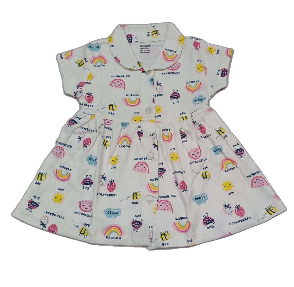 CUCUMBER Interlock Knit Half Sleeves Front Open Frock with panty- white