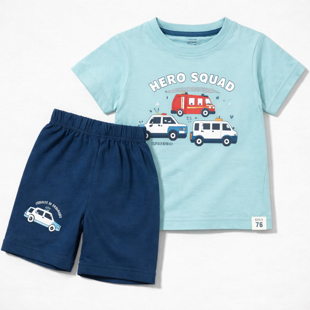 Cucumber Baby Hero Squad Vehicle Print Blue T-Shirt & Navy Shorts Set  - Cutypi