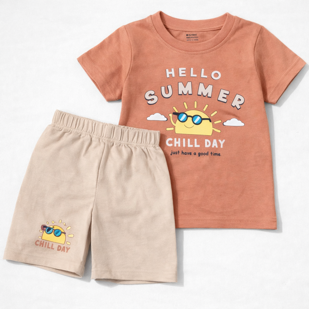 Cucumber Baby Hello Summer Chill Day Orange T-Shirt & Beige Shorts Set  - Cutypi