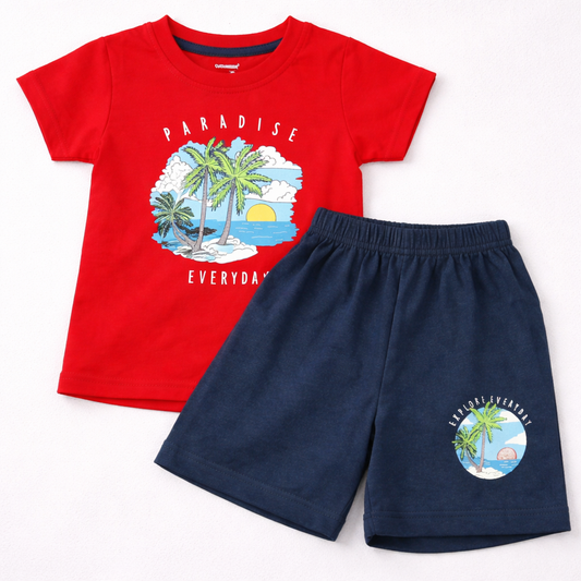 Cucumber Baby Printed Red T-Shirt & Navy Shorts Set  - Cutypi