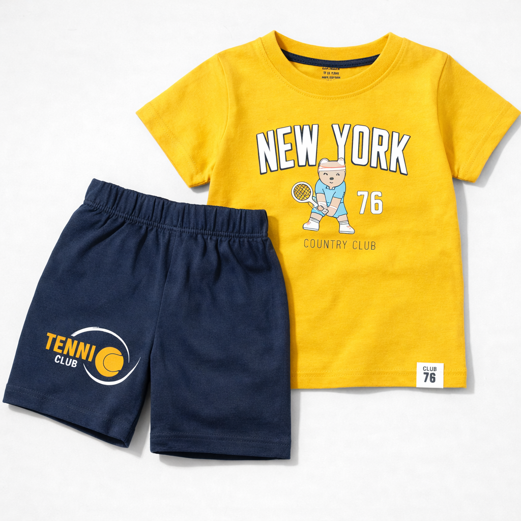Cucumber Baby New York Tennis Club Yellow T-Shirt & Navy Shorts Set  - Cutypi