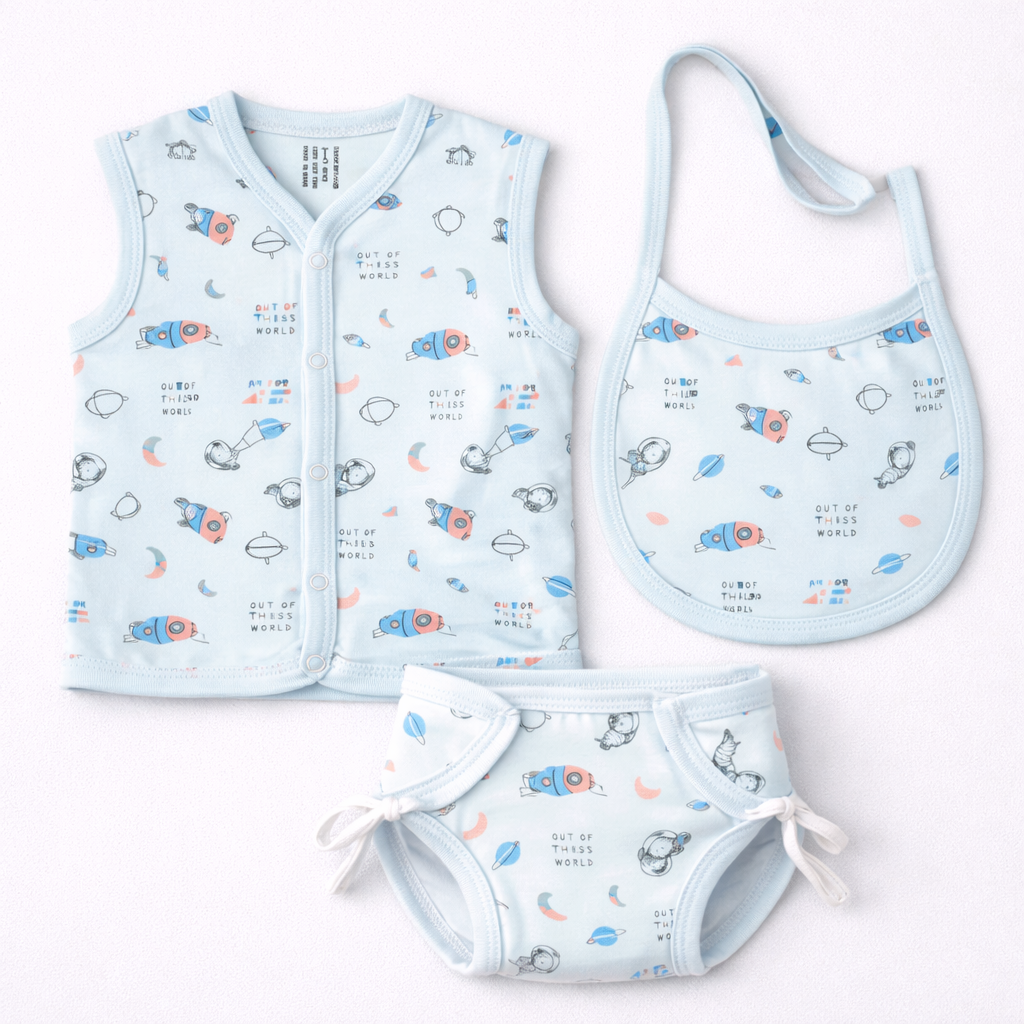 Cucumber Baby Out of This World Space Print Blue Clothing & Bib Set - Cutypi