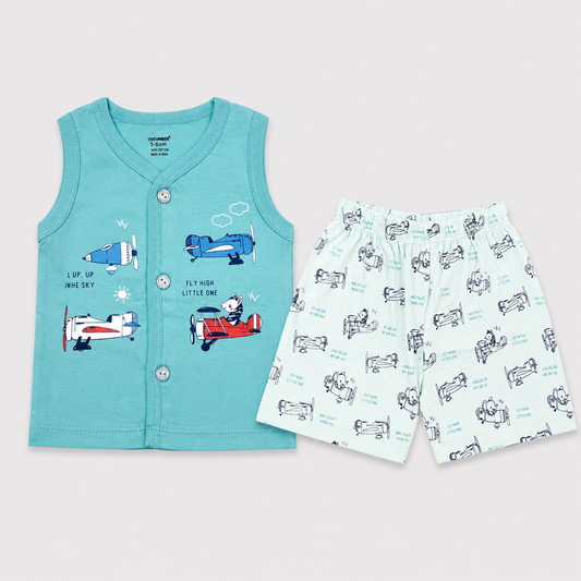 Cucumber Cotton Baby Boys Sleeveless Airplane Print T-Shirt & Shorts Set | Cutypi