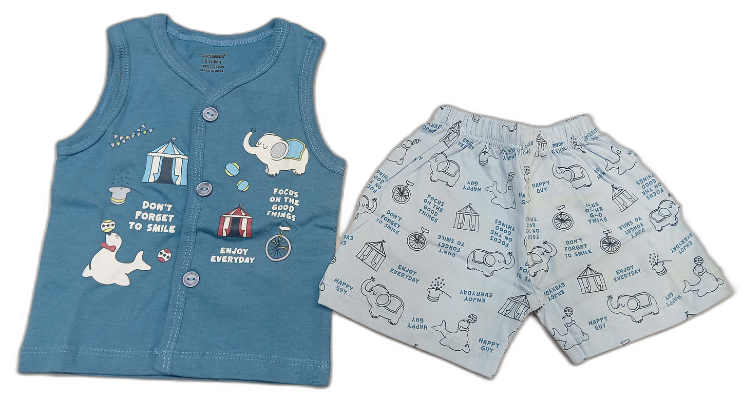 Newborn Jhabla Cotton Cute Printed T Shirt with short - Blue