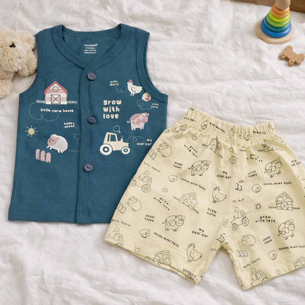 Cucumber Newborn Jhabla Cotton Cute Printed T Shirt with short - Dark Blue - Cutypi
