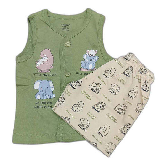 Newborn Jhabla Cotton Cute Printed T Shirt with short - Green