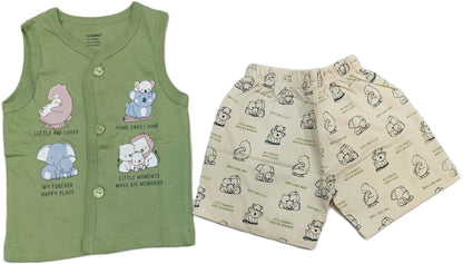 Newborn Jhabla Cotton Cute Printed T Shirt with short - Green
