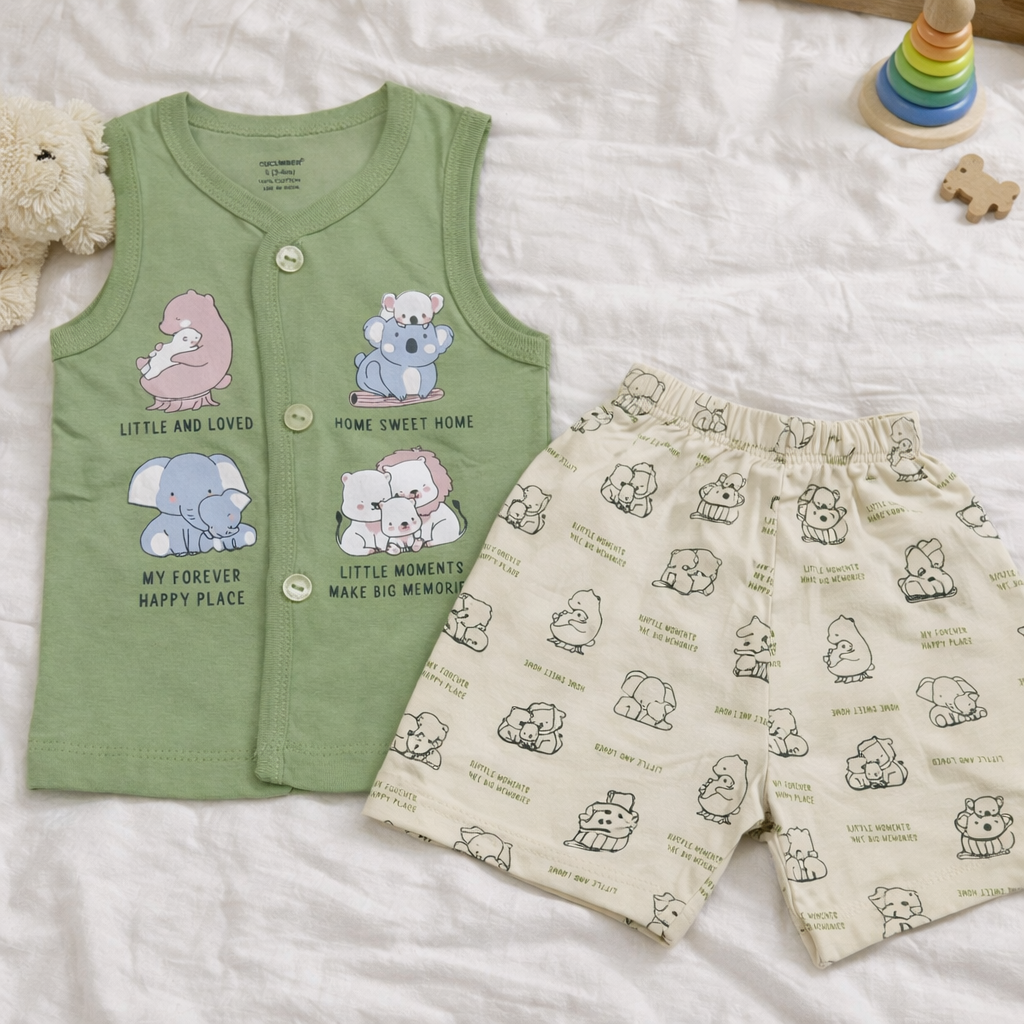 Cucumber Newborn Jhabla Cotton Cute Printed T Shirt with short - Green - Cutypi
