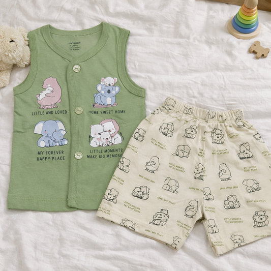 Cucumber Newborn Jhabla Cotton Cute Printed T Shirt with short - Green - Cutypi