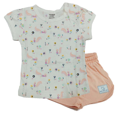 Cucumber Baby Girl Printed Half Sleeves Top with Short - Cream