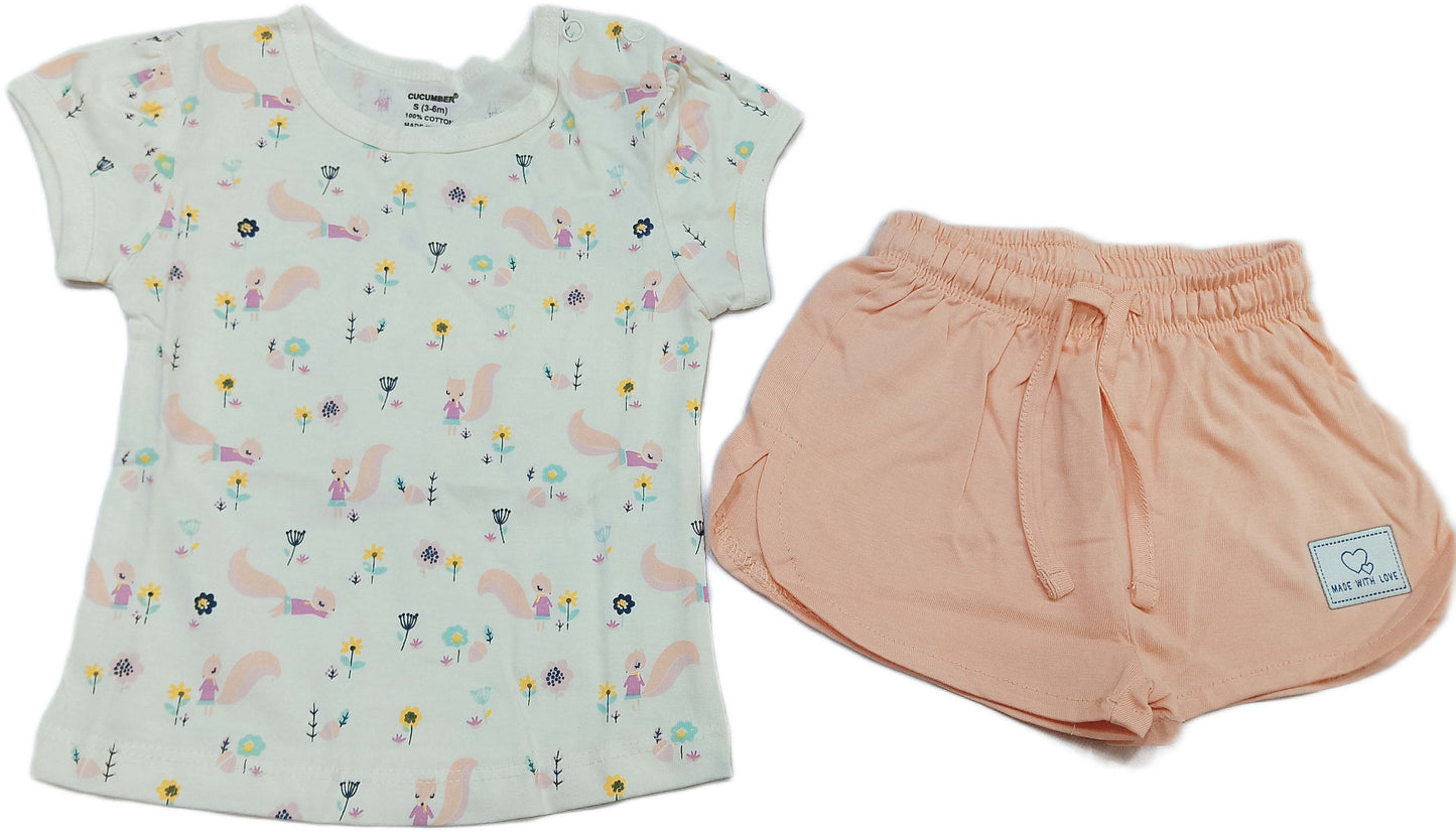 Cucumber Baby Girl Printed Half Sleeves Top with Short - Cream