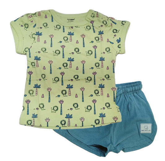 Cucumber Baby Girl Printed Half Sleeves Top with Short - Green