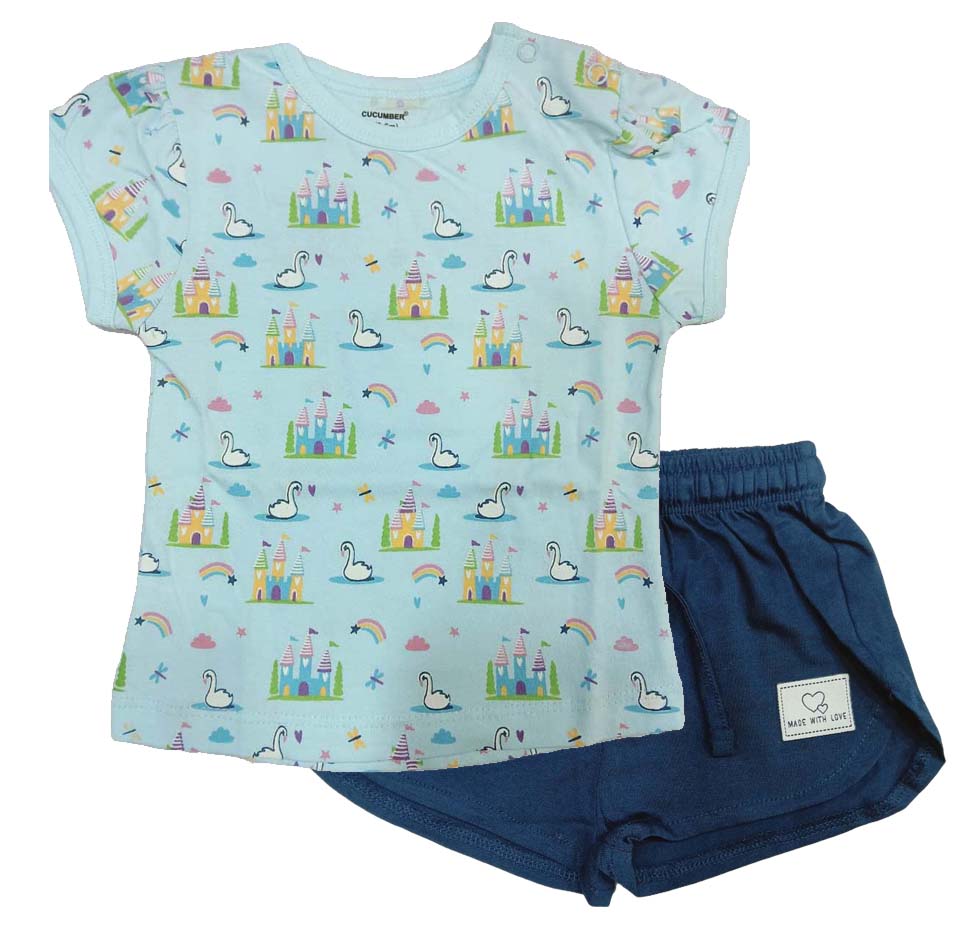 Cucumber Baby Girl Printed Half Sleeves Top with Short - light blue