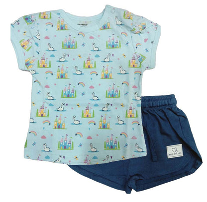 Cucumber Baby Girl Printed Half Sleeves Top with Short - light blue