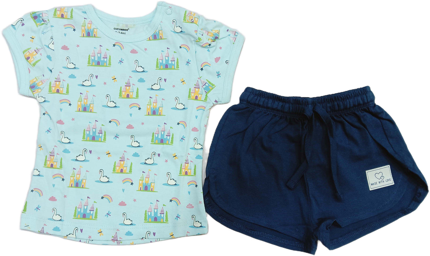 Cucumber Baby Girl Printed Half Sleeves Top with Short - light blue