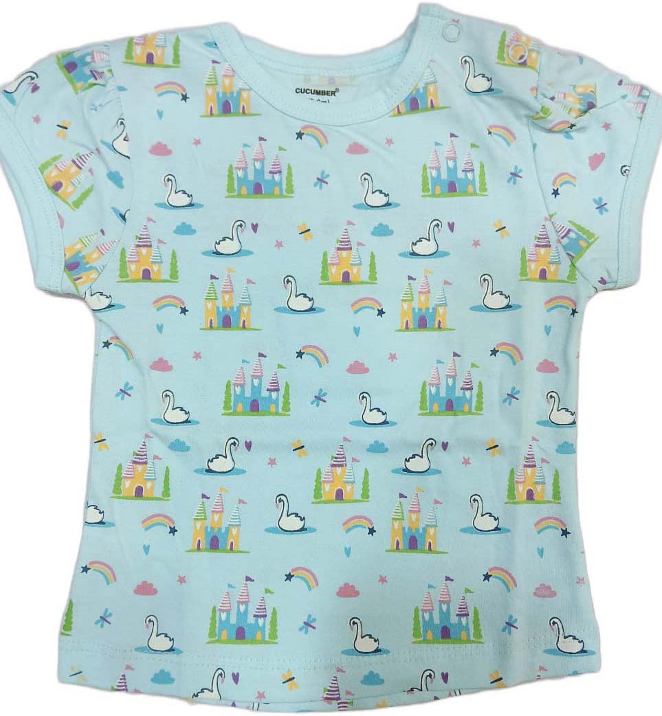 Cucumber Baby Girl Printed Half Sleeves Top with Short - light blue