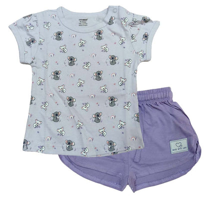 Cucumber Baby Girl Printed Half Sleeves Top with Short - Purple