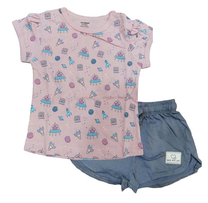 Cucumber Baby Girl Printed Half Sleeves Top with Short - Pink