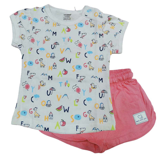 Cucumber Baby Girl Printed Half Sleeves Top with Short - white