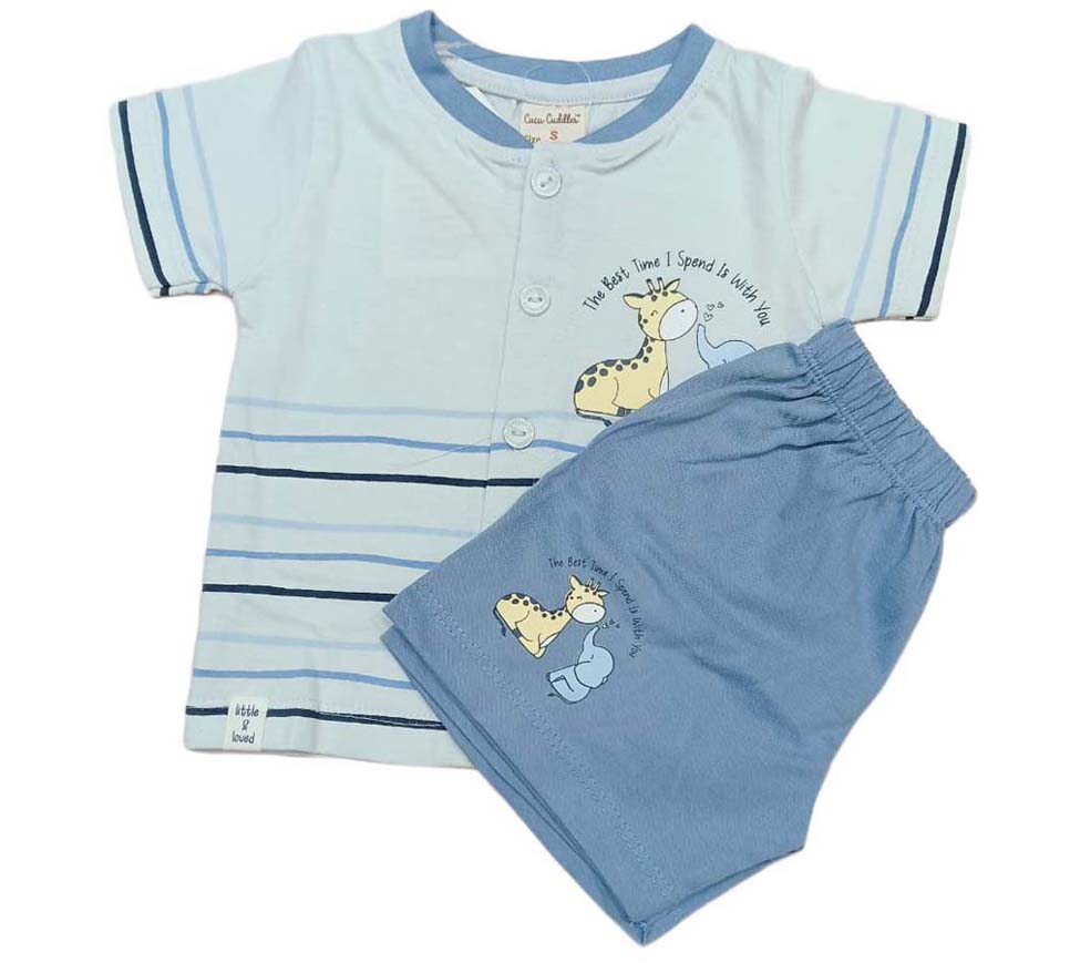 Baby boys Half Sleeve Front Open Printed T Shirt With Short - Blue