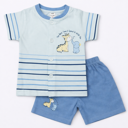 Baby boys Half Sleeve Front Open Printed T Shirt With Short - Blue