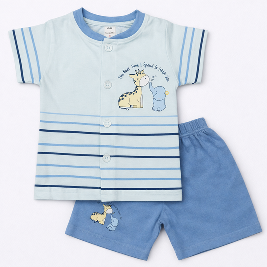 Baby boys Half Sleeve Front Open Printed T Shirt With Short - Blue