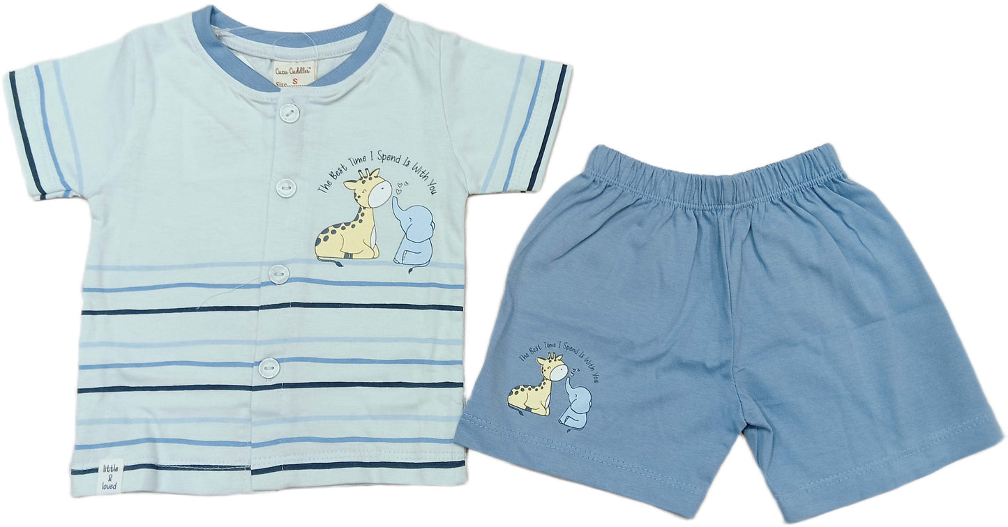 Baby boys Half Sleeve Front Open Printed T Shirt With Short - Blue