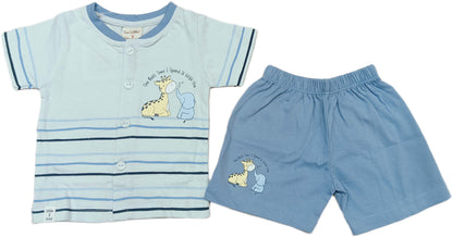 Baby boys Half Sleeve Front Open Printed T Shirt With Short - Blue
