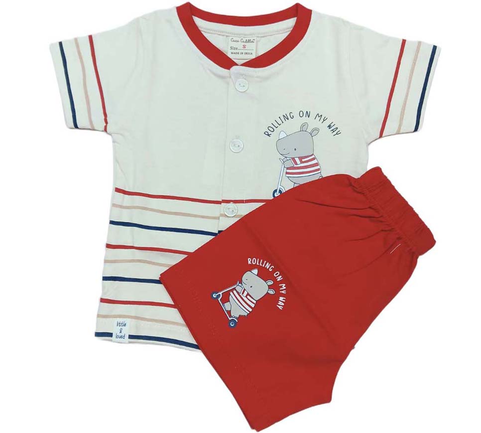 Baby boys Half Sleeve Front Open Printed T Shirt With Short - Cream