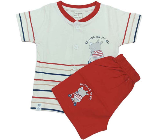 Baby boys Half Sleeve Front Open Printed T Shirt With Short - Cream