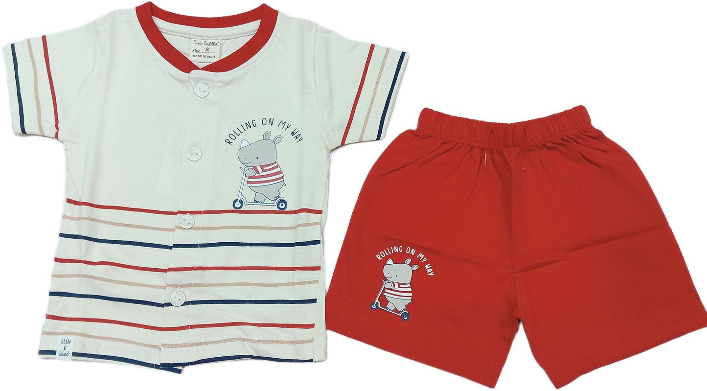 Baby boys Half Sleeve Front Open Printed T Shirt With Short - Cream