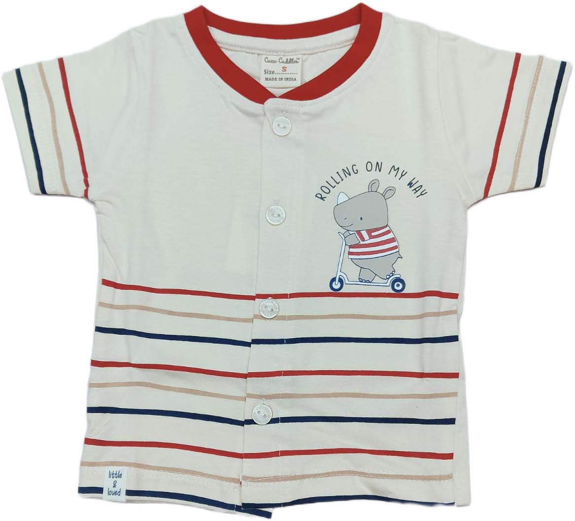 Baby boys Half Sleeve Front Open Printed T Shirt With Short - Cream