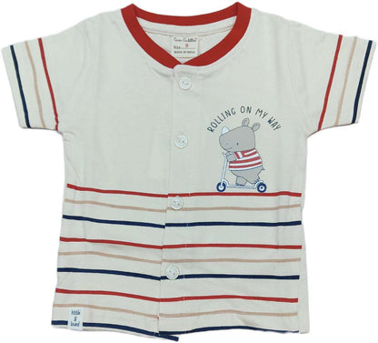 Baby boys Half Sleeve Front Open Printed T Shirt With Short - Cream