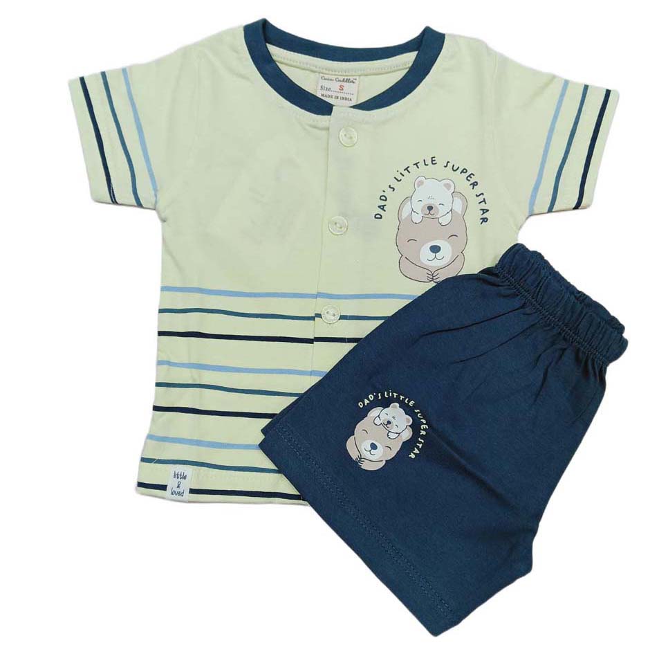 Baby boys Half Sleeve Front Open Printed T Shirt With Short - Light Green