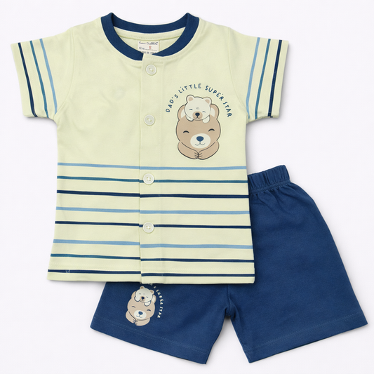 Baby boys Half Sleeve Front Open Printed T Shirt With Short - Light Green