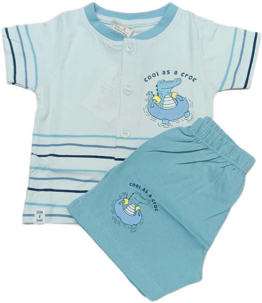 Baby boys Half Sleeve Front Open Printed T Shirt With Short - Off-White