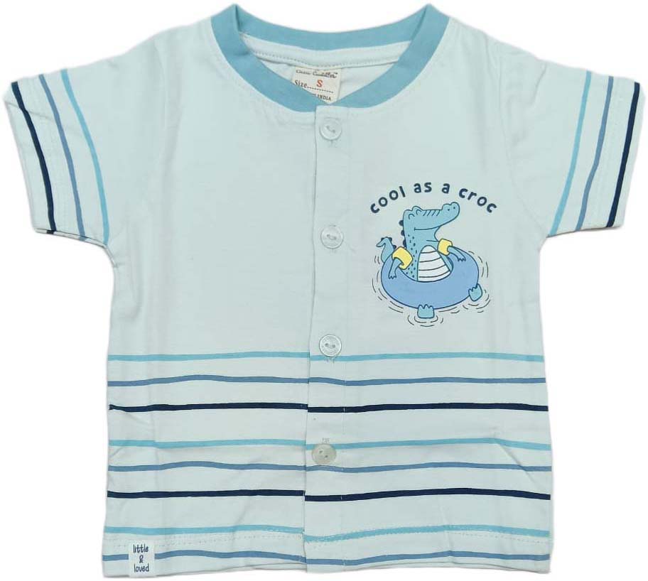 Baby boys Half Sleeve Front Open Printed T Shirt With Short - Off-White