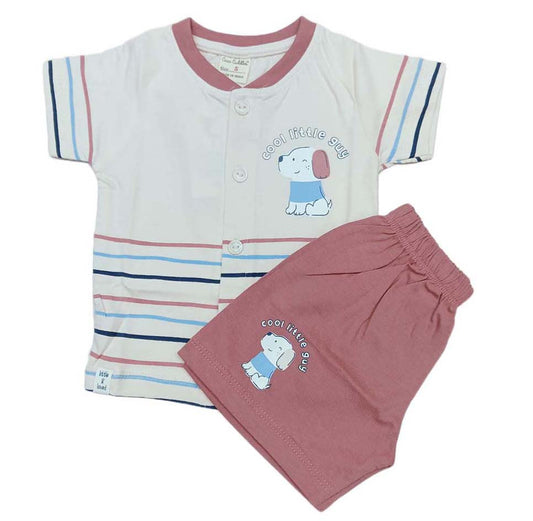 Baby boys Half Sleeve Front Open Printed T Shirt With Short - Pink