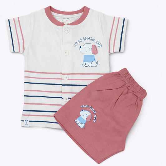 Baby boys Half Sleeve Front Open Printed T Shirt With Short - Pink