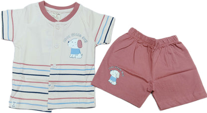 Baby boys Half Sleeve Front Open Printed T Shirt With Short - Pink